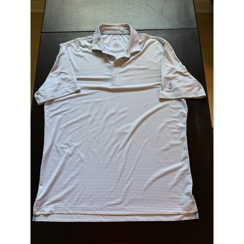johnnie-O Squirly Polo Shirt Mens Large White Malibu Blue Geometric Dot JMPO5030